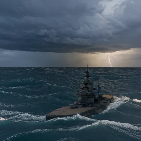 pearl harbor, battleship, cruising through high waves, thunder, lightning, intense, realistic, highly detailed, cinematic,