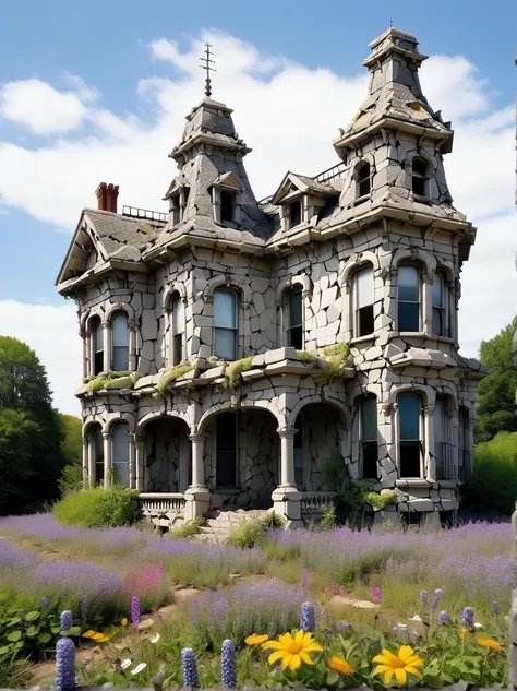 an abandoned victorian mansion its crumbling walls made of crazed rubble and wildflowers blooming through the cracks of&#39;an o...