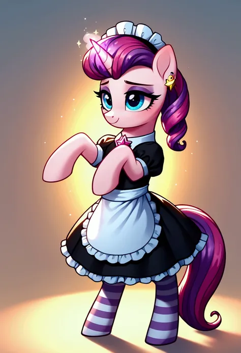 score_9,score_8_up,score_7_up,score_6_up, ((my little pony)), radiant lighting, vibrant colors, whimsical atmosphere, 8K, high resolution, highly detailed, masterpiece, (shy look), ((pony body)), white body, blue eyes, (maid costume), striped stockings, st...