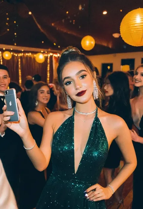 prom night party girl, selfie, dance floor, 2020, instagram, photo, halter neck  dressed, photo, dark
