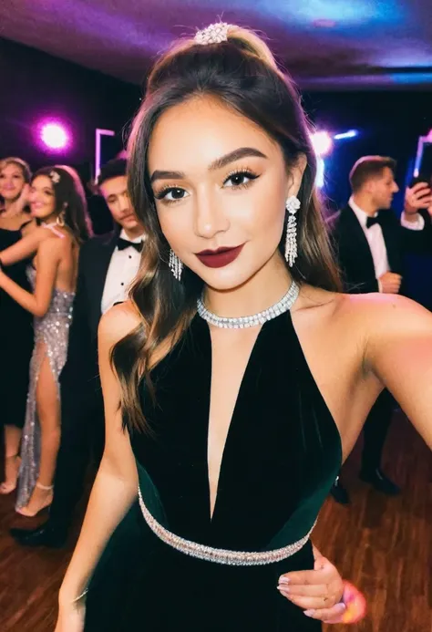 prom night party girl, selfie, dance floor, 2020, instagram, photo, halter neck  dressed, photo, dark
