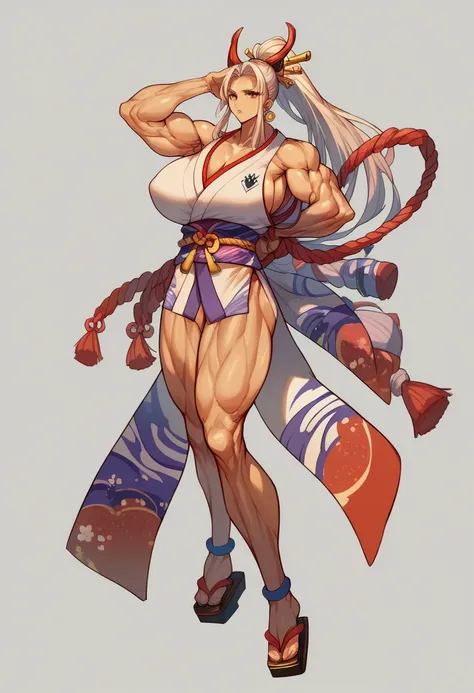 masterpiece, best quality), best resolution, yamato, earrings, hair stick, bare shoulders, japanese clothes, kimono, rope, sleeveless kimono, shimenawa, high ponytail, extreme muscular body, huge breasts, full body.