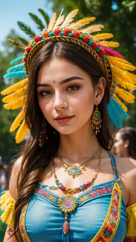 (8k, highest quality, ultra detailed:1.37), (Dina), 18yo, (a free-spirited Ukraine girl), embraces the bohemian festival atmosphere. She wears a boho-chic embroidered top with denim shorts and accessorizes with feathers and beads. big breasts, The high-res...