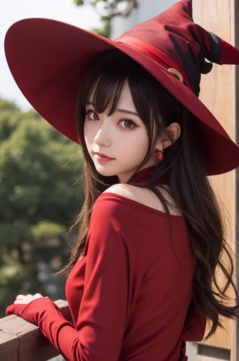 megumin, umber hair, long sideburns, red eyes, red shirt, long sleeve, witch hat, black capelet, fingerless gloves,