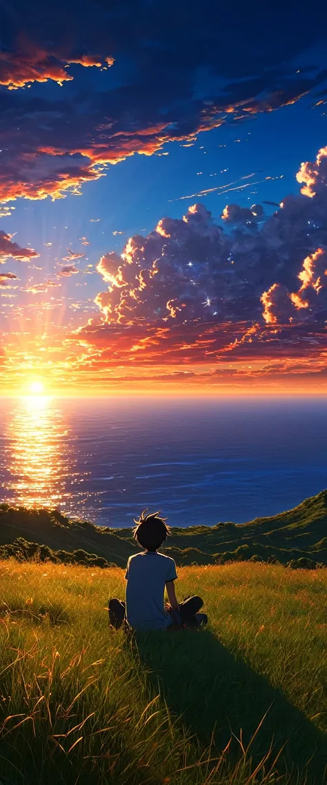 High quality, 8K Ultra HD. The image shows a boy sitting anime watching 
 The terrifying ocean at sunrise from a grassy hill, with a background of vibrant blue sky and red and orange hues of the sun. anime art wallpaper 4k, arte digital de Shen Che-Tsai, p...