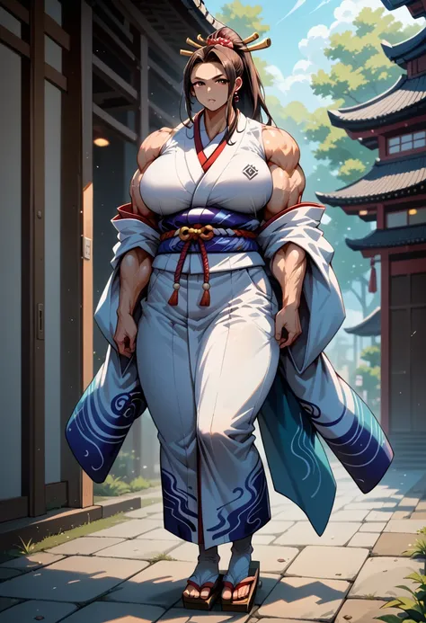 masterpiece, best quality), best resolution, yamato, earrings, hair stick, bare shoulders, japanese clothes, kimono, rope, sleeveless kimono, shimenawa, high ponytail, extreme muscular body, huge breasts, full body.