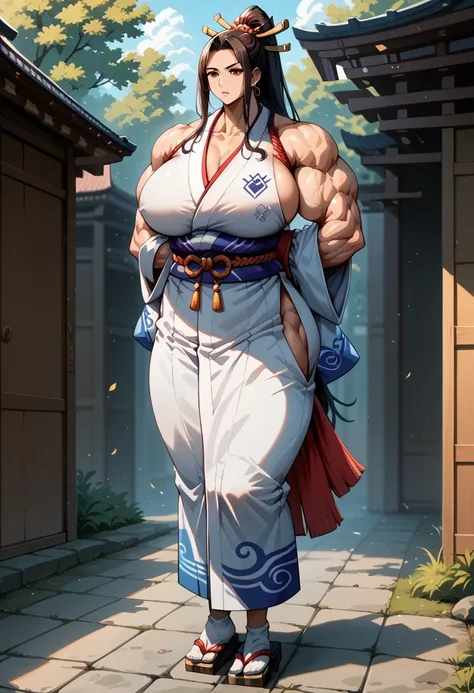 masterpiece, best quality), best resolution, yamato, earrings, hair stick, bare shoulders, japanese clothes, kimono, rope, sleeveless kimono, shimenawa, high ponytail, extreme muscular body, huge breasts, full body.