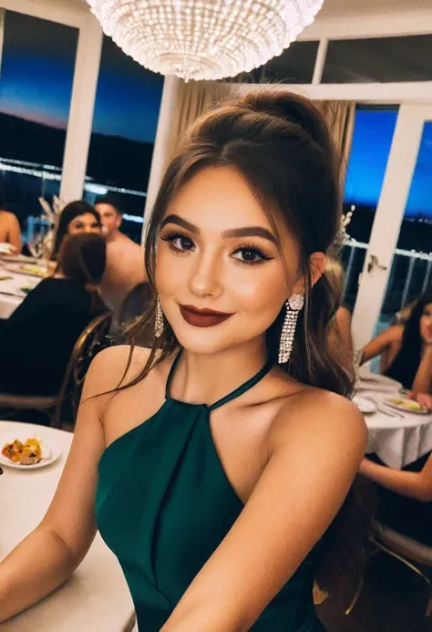 prom night party girl, selfie, sitting at round dining table, 2020, instagram, photo, halter neck  dressed, photo, dark
