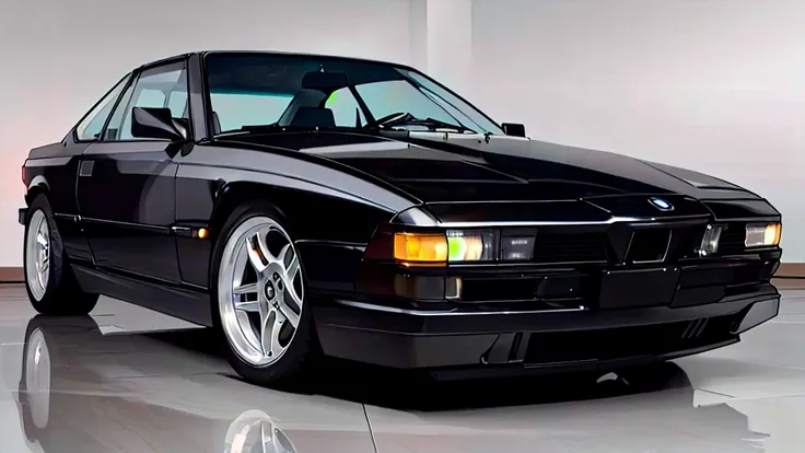 The image shows a black 1990 BMW 850CSI in a well-lit indoor environment. The car is in excellent condition and features the iconic BMW kidney grilles and retractable headlights. The wheels are multi-spoke alloy. The BMW emblem is visible on the hood.