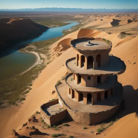 high,military watchtower made of dark concrete.,in a desert