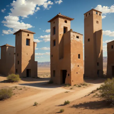 high,Military watchtower made of dark concrete.,in a desert