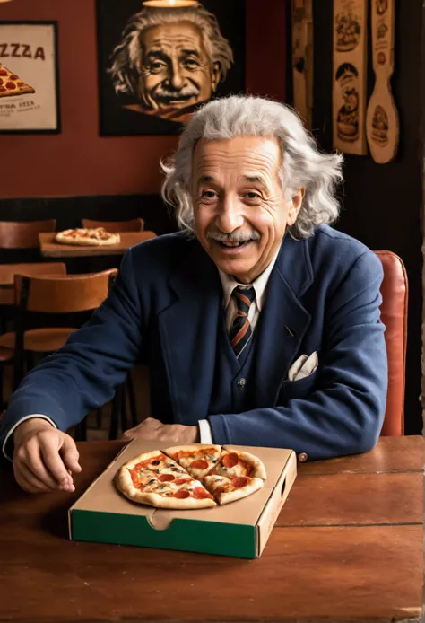 A cinematic illustration of Albert Einstein sitting at a table with a pizza box in front of him, laughing and enjoying your lunch. The box displays "TODAY THERE&#39;S VAGÃO PIZZA AND 60 MORE FLAVORS WITH ONE PRICE" and the Serra Alta pizzeria is highlighte...