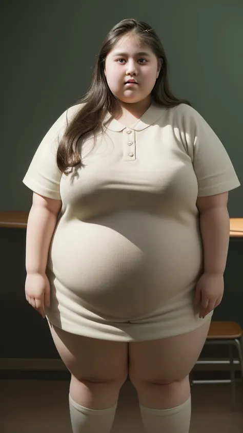 a 15 year old obese girl, chubby cheeks, round face, double chin, thick arms and legs, wearing a , standing in a school setting, realistic, detailed, highly detailed, intricate details, photorealistic, 8k, masterpiece, cinematic lighting, dramatic shadows,...