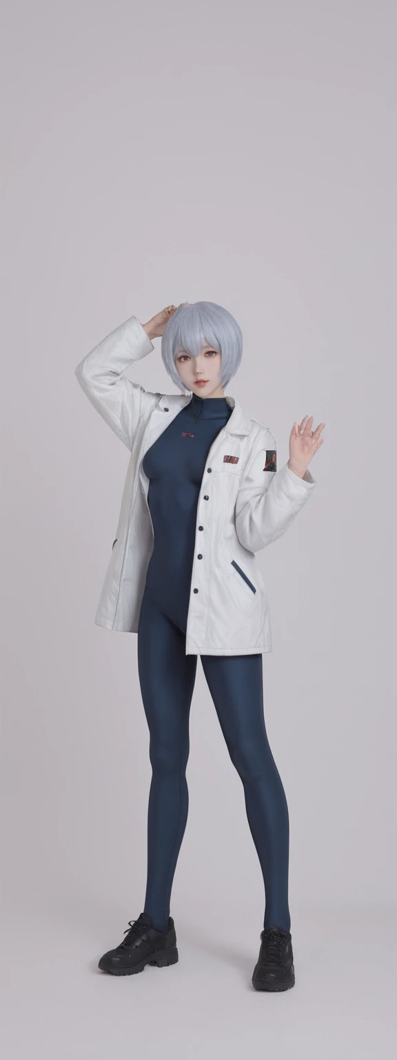 realistic,score_9, score_8_up, score_7_up, 
ayanami rei, solo，full body,EVA combat suits, Gel coat,hands up,underboob