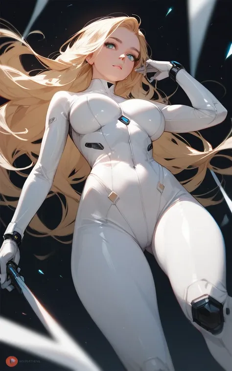 girl, white bodysuit, blonde, blue eyes, Hyper Realistic