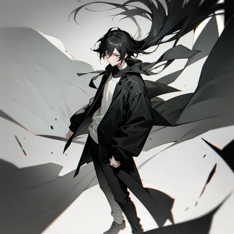 anime boy, black hair with grayscale ombré Californian highlights, young adult 27 years old, black clothes and gray background