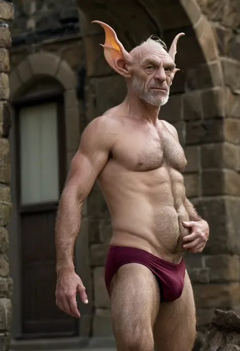 goblin,hairy, speedo, prominent belly, bulged belly, swollen belly, muscular, tall, pointed ears, sitting