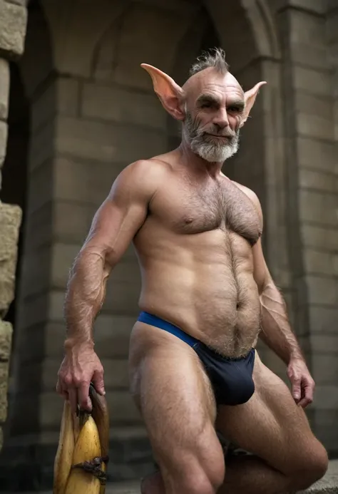 goblin,hairy, speedo, prominent belly, bulged belly, swollen belly, muscular, tall, pointed ears, sitting