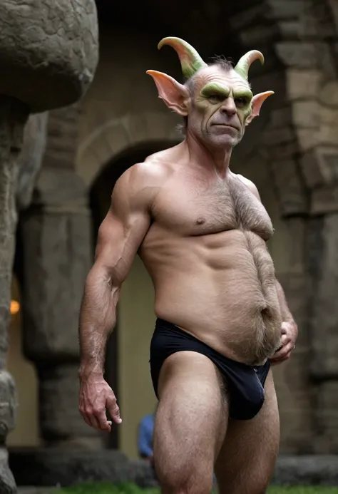 goblin,hairy, speedo, prominent belly, bulged belly, swollen belly, muscular, tall, pointed ears, sitting