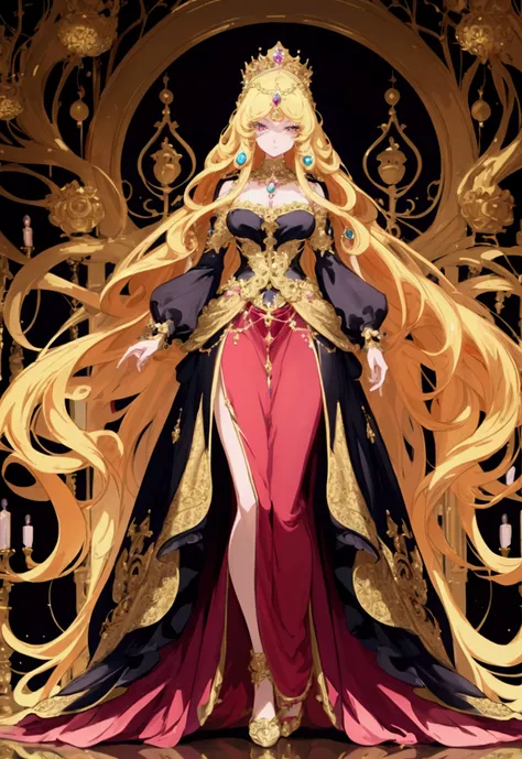 ((Anime art style)),(masterpiece),(best quality),(Super Detail),(Very refined),Solitary,((whole body,Standing posture)),Stand in the palace,((1 Queen in a gorgeous jeweled Rococo ball gown，With a wide full-length skirt)),(Crinolin),Gorgeous embroidery,((Go...