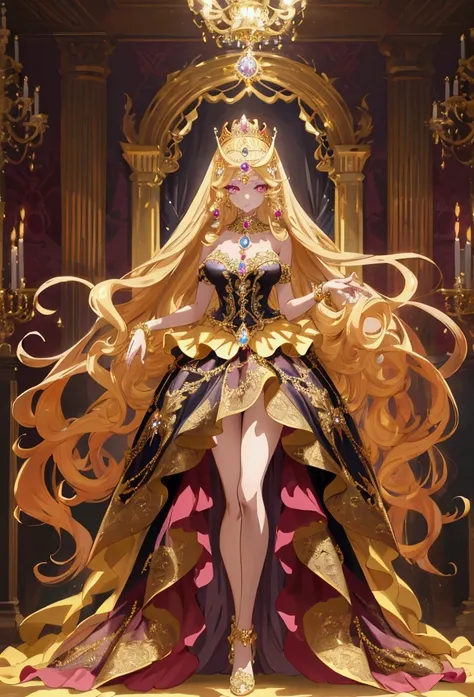 ((Anime art style)),(masterpiece),(best quality),(Super Detail),(Very refined),Solitary,((whole body,Standing posture)),Stand in the palace,((1 Queen in a gorgeous jeweled Rococo ball gown，With a wide full-length skirt)),(Crinolin),Gorgeous embroidery,((Go...