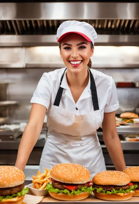 a fast food worker, fast food restaurant, fast food kitchen, uniform, hat, apron, frying food, cooking burgers, working the register, customer service, taking orders, smiling cheerfully, dynamic pose, warm lighting, photorealistic, 8k, hyper detailed, cine...