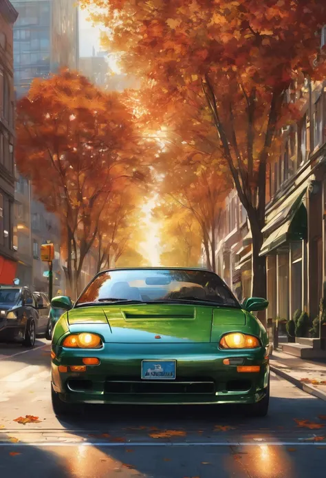 Create a detailed and realistic illustration of a high-performance sports car parked on a city street. The car should have a sleek, glossy finish and reflect the bright, warm sunlight. The background includes city buildings and trees, bathed in sunlight, w...