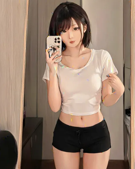 selfie photo mobile phone mirror selfie，inside，in the room，beautiful beautiful asian woman，standing:1.2，realistic white skin col...