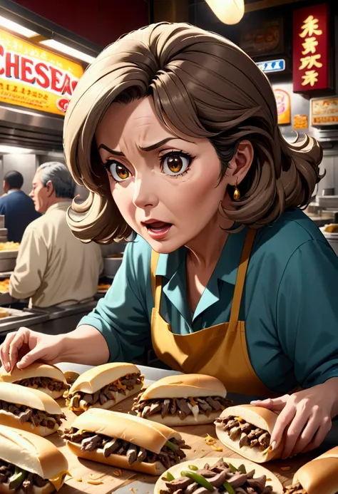 score 9, source anime, from side, wide shot, middle-aged woman making philly cheesesteaks, hyper detailed, cinematic lighting, 8...