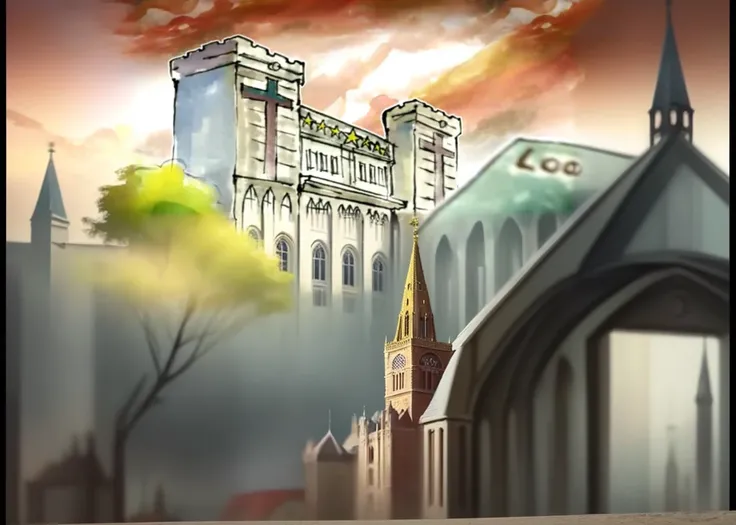 painting of a building with a clock tower and a sign, castle scene manga, palace background, castle background, kremlin towers are destroyed, church background!, highschool background, church background, cathedral background, animation film still, opening ...