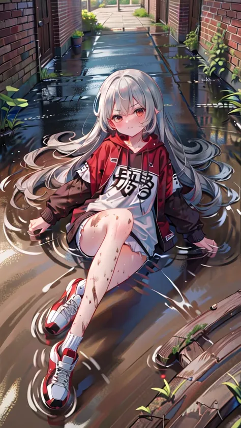 (8K, best quality, master piece: 1.5),super high resolution, One girl, solo, full shot, 15 years old, ultra-detailed face, detailed eyes, wine red eyes, slant eyes, angry, (Silver gray hair, red streaked hair:1.2), Medium chest, ((Muddy and torn clothes)),...