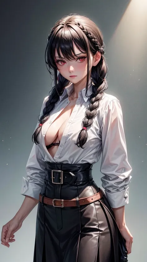 (masterpiece, best quality: 1.2), yoru(chainsaw man),(very detailed face, real image, realistic skin, realistic body, intricate details), red eyes (intimidating look), light blush, social clothing, semi-open button-up shirt (White), white bra, Skirt (black...