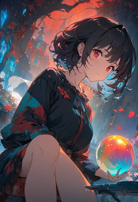 (masterpiece, Highest quality:1.2), a girl with black hair, red eyes, artwork, ((by Studio Ghibli)), holding a translucent ball, extravagant and illustrative, dreamy color palette, cyan and amber, beautiful lighting.