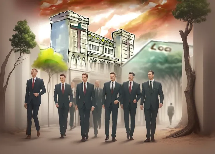 7 cartoon men in suits walking, trees and bushes