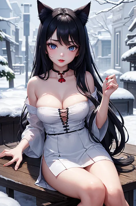 Detailed facial details，16 years old，1 girl，Red lips，Cat ear，Black long hair，Large Breasts，Slim，Wearing a snow-white shirt，Short skirt，Charming blue eyes，Handcuffs，Collar，Radiant Skin，Winter snow，Chinese traditional wooden beam