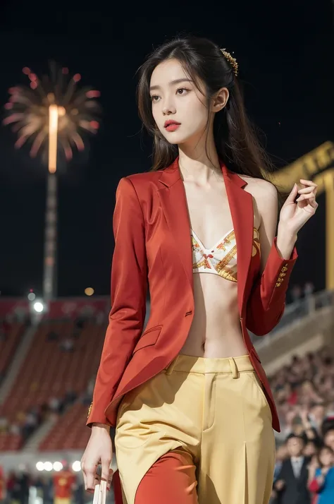 (((best quality))),(((ultra detailed))),(((masterpiece))),illustration,((1 beautiful Chinese girl,solo)),((slim,thin)),((small breasts,flat chest)),((red suit blazer,yellow pants)),(shoulder length straight hair:1.2),bright eyes,excited expression,summer n...