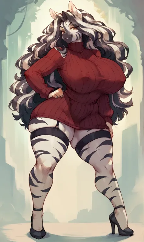 female anthro zebra ,Brown long fluffy hair, fluffy hair, zebra, (giant breasts:1.3), attractive, knitted sweater hole dress, thicc body, thicc body, thicc, freckles, freckles on face, neutral expression, smug eyes, high heels, garter belt tights, she is s...