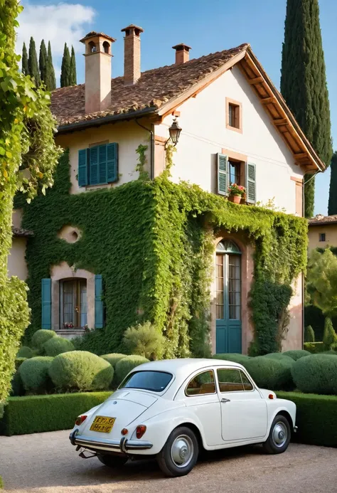 [[italy house]], High quality, [A huge garden at the front and a beautiful Tuscan landscape in the background], [[wood material]], rose flower, flowers, architecture, car classic, white materials, rose, ivy, classic, uk styles