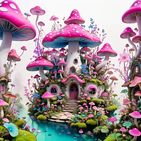 psychedelic art:1.6.由苹pink buds制成的极简主义建筑组合, decorated with flowers and mushrooms，pink buds， creating a surreal and dreamlike par...