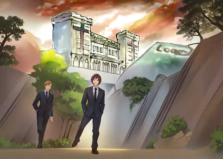 7 cartoon men in suits walking, trees and bushes