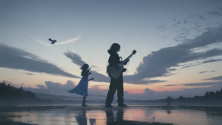 Acoustic guitar,Pitch black night sky,Octane, Star (zero), scenery, Blue parakeet,The acoustic guitar is placed in front of the body.,Star, night, Back view, Outdoor, city,river,Blue parakeet,building, cloud, Heavenly River,silhouette