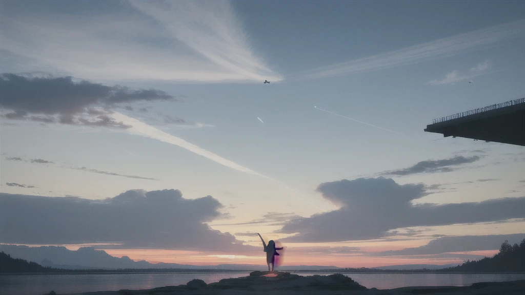 Acoustic guitar,Pitch black night sky,Octane, Star (zero), scenery, Blue parakeet,The acoustic guitar is placed in front of the body.,Star, night, Back view, Outdoor, city,river,Blue parakeet,building, cloud, Heavenly River,silhouette