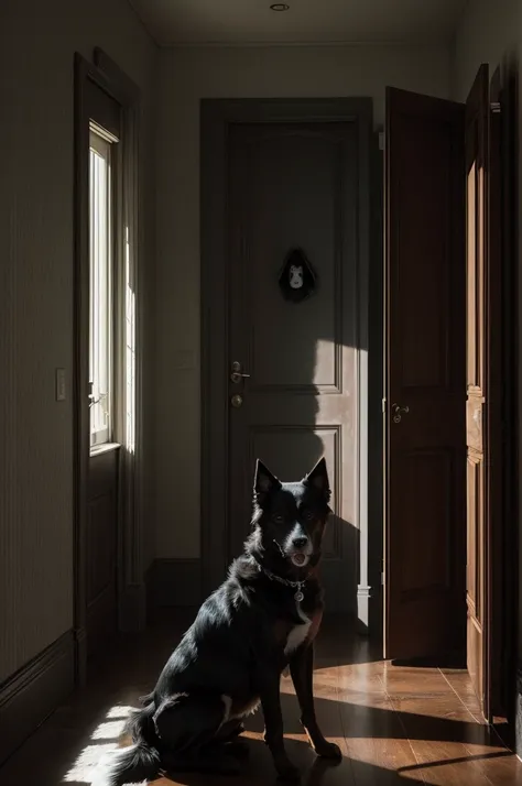 I would like an image of a dog in front of a dark house with a sketch of a lady (shadow) in the door behind her, for a horror book