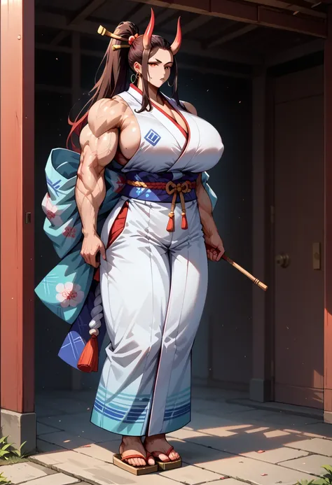 masterpiece, best quality), best resolution, yamato boy, red oni horns, earrings, hair stick, bare shoulders, japanese clothes, kimono, rope, sleeveless kimono, shimenawa, high ponytail, extreme muscular body, huge breasts, full body.