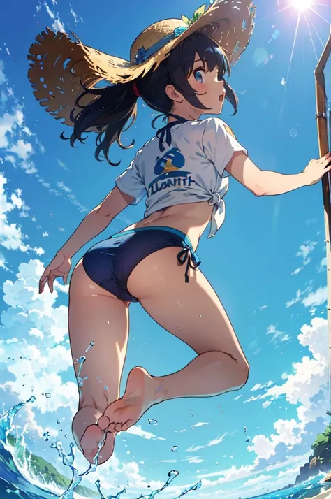 (Looking up at the blue sky:1.3), Ocean, sun, Angle looking up from below, (Girl wearing a T-shirt over a bikini:1.1), (big lauth:1.3), (detailed eye:1.3), (Back view:1.3), ponytail, Spread your arms and take a big jump, split knees, Jumping with bent legs...