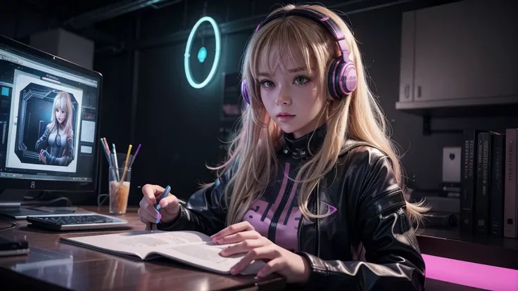 "A blonde cyberpunk woman is sitting at a study table in a futuristic room with neon pink lights. She wears technological clothes with neon details and has large, modern headphones. Around her are holograms and advanced electronic devices. The environment ...