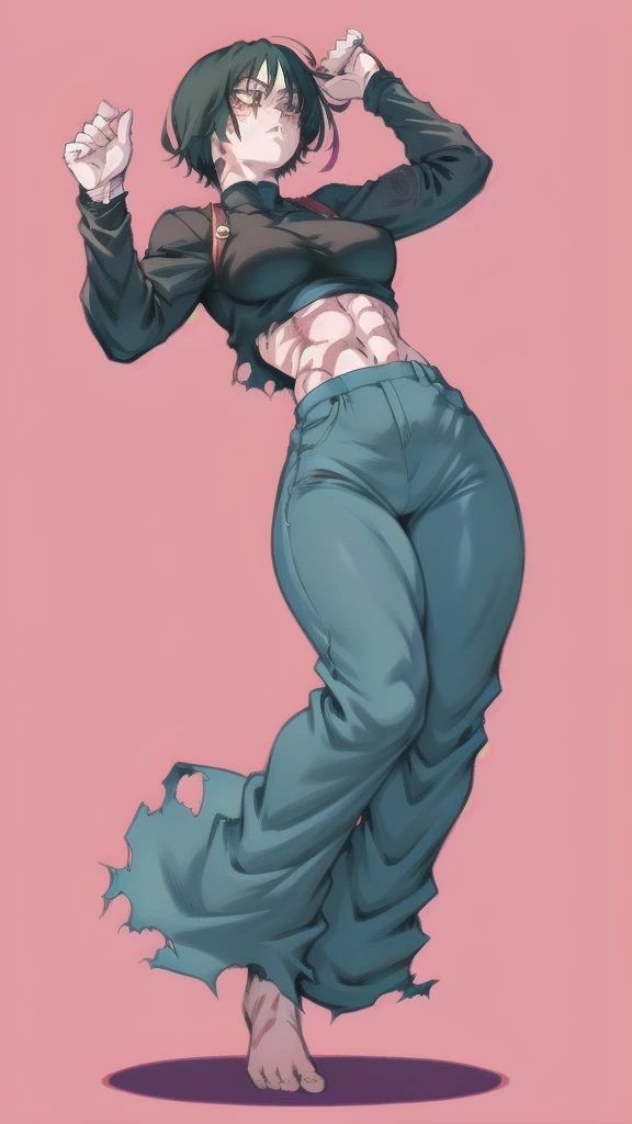 Full body image of Maki Zenin from Jujutsu Kaisen, full body in image, wearing her post-clan outfit (sleeves torn, harem pants), visible scars, short dark hair, female body, athletic and muscular body, dynamic pose, detailed pose, simple background, expres...