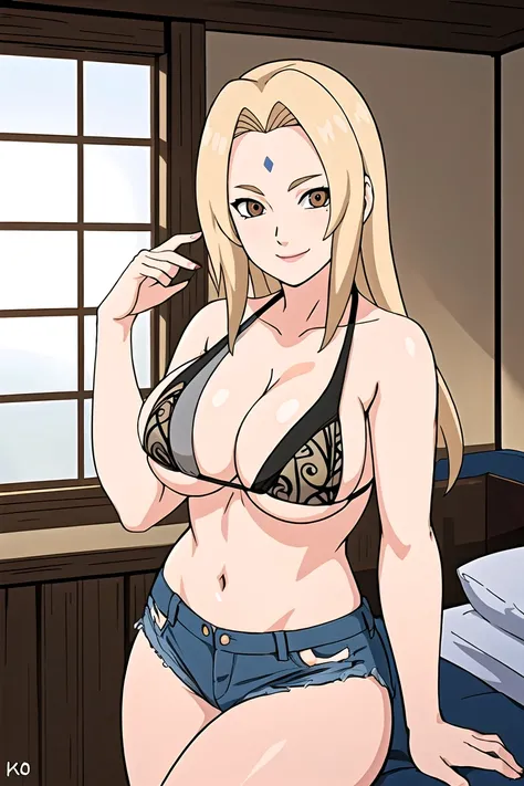 tsunade , brown eyes , blonde hair , forehead mark , (8k, RAW photo, best quality, masterpiece:1.2), (intricate details), perfect eyes, perfect face, perfect lighting, beautiful, (masterpiece:1.2), (best quality:1.2), 1girl, , micro bikini top , denim shor...