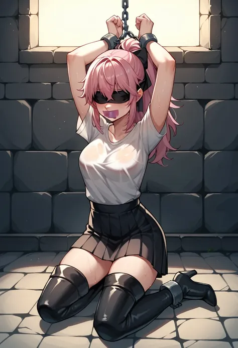 score_9, score_8_up, score_7_up, score_6_up, score_5_up, score_4_up, source_anime, 1woman, Kneel down, bdsm, worth, pink hair, ponytail, blindfold, tape your mouth shut, w-w-chain, shackles, cams, raise arms, messy hair, sweaty shirt, skirt, black thigh bo...