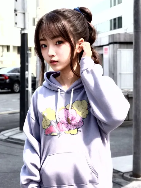 Make a girl,she is beutyful,she is an Japan girl,she wearing a Hoodie,Her hair is tied back,her eye is brown